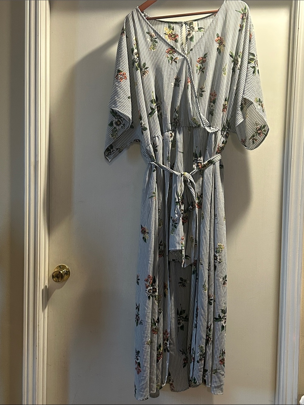 Xhilaration White and Blue Striped Floral Wrap Maxi Romper Dress